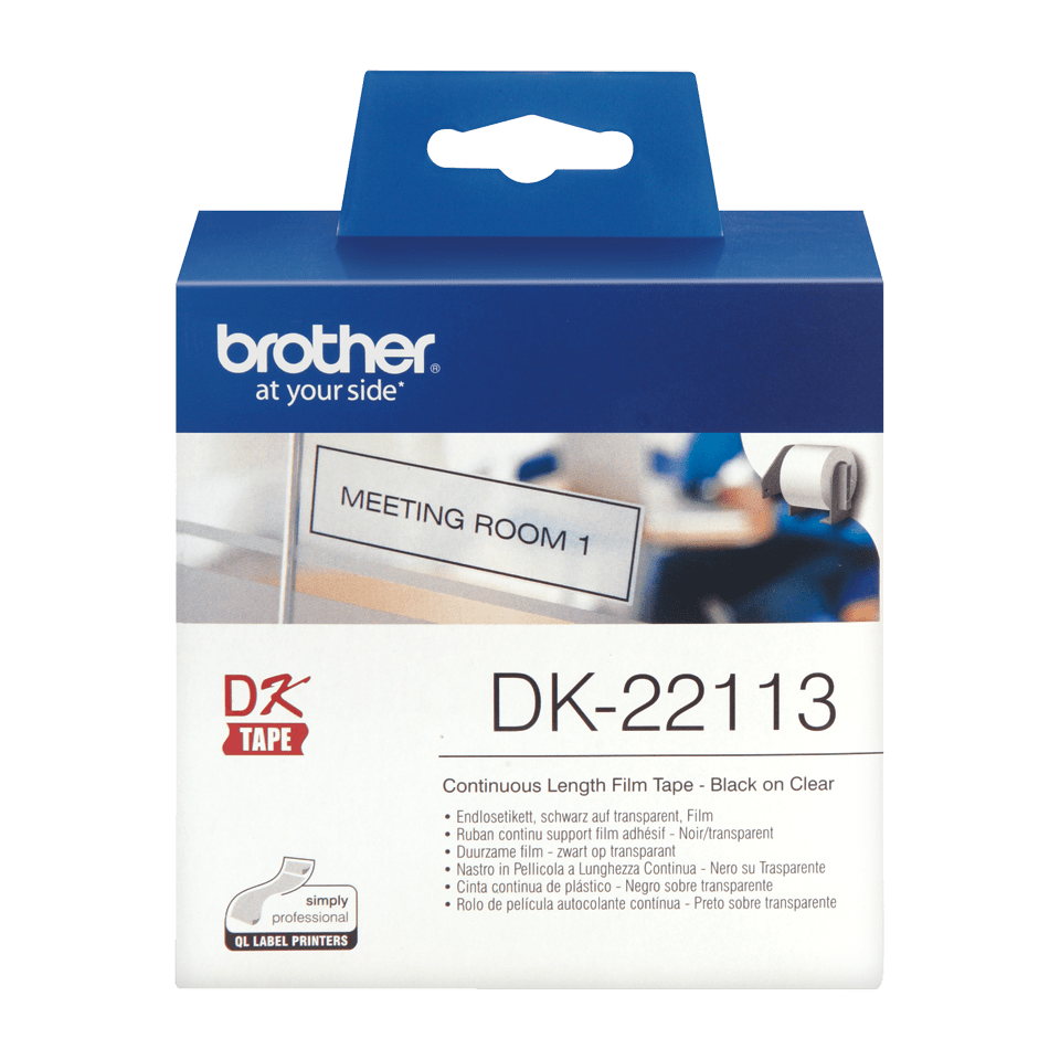 Original Brother DK22113 plastiktape, endeløs bane – sort på klar, 15,24 m 2